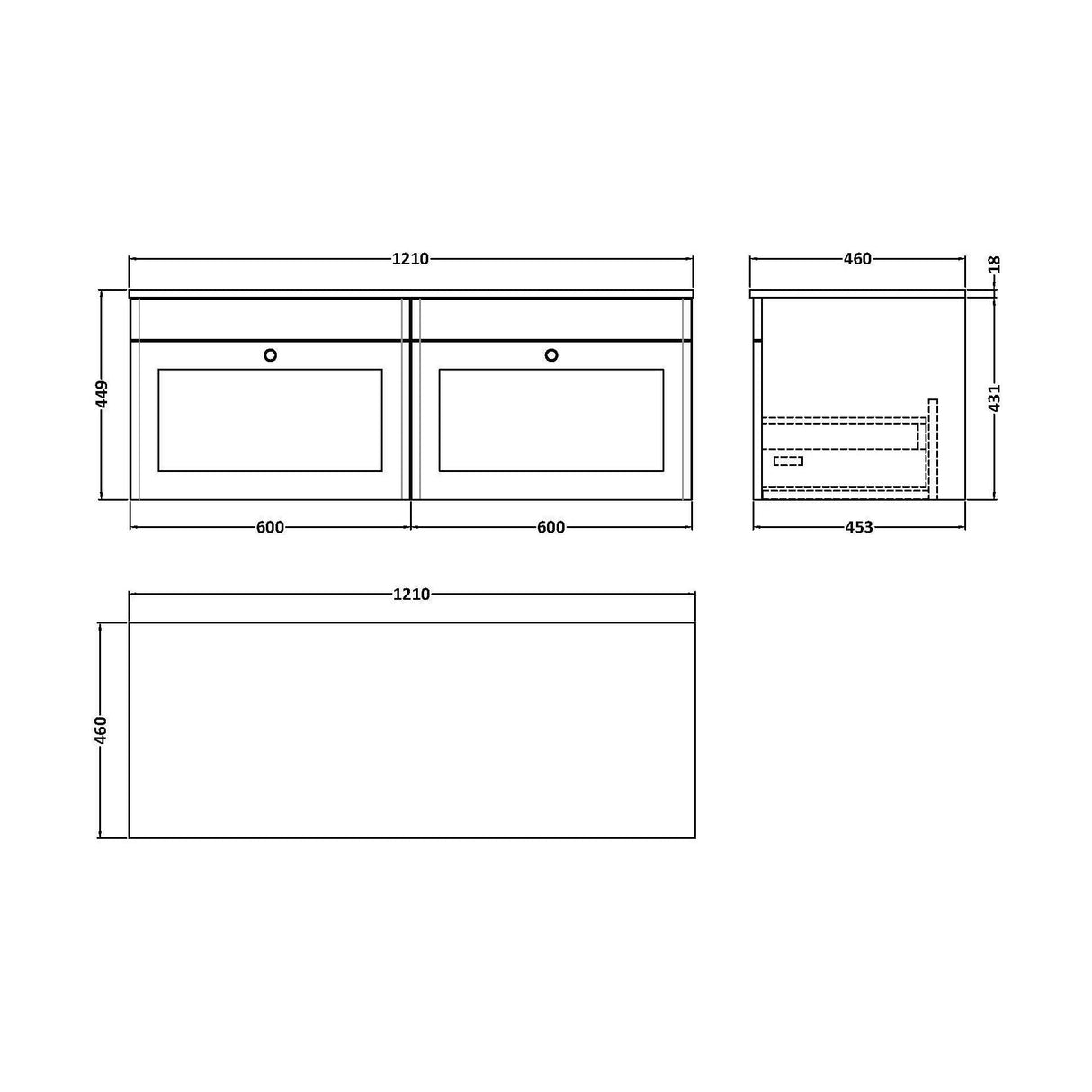 [BFCL194WMT2] Swynnerton Traditional 2 Drawer Wall Hung Vanity Unit with Marble Top, Satin White, 1200mm - Technical Drawing