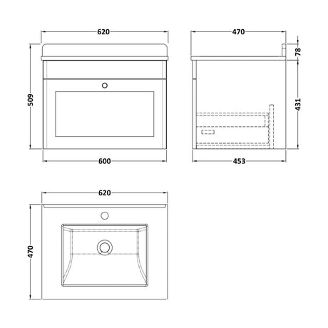 [BFCL194WS1] Swynnerton Traditional 1 Drawer Wall Hung Vanity Unit with Marble Basin, Satin White, 600mm - Technical Drawing