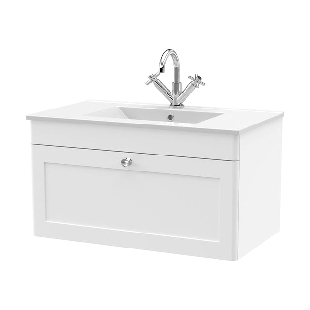 [BFCL196C] Swynnerton Traditional 1 Drawer Wall Hung Vanity Unit with Basin, Satin White, 800mm - Cutout