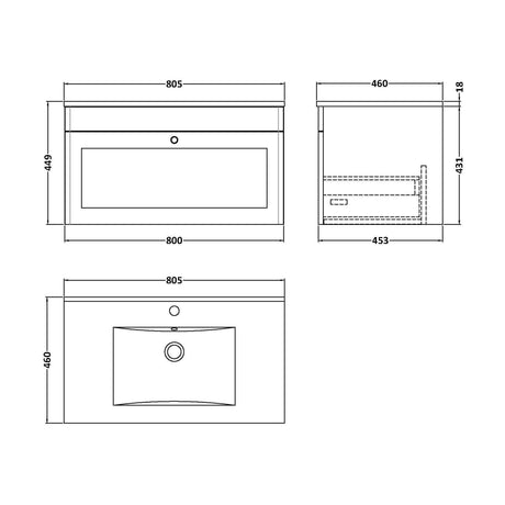 [BFCL196C] Swynnerton Traditional 1 Drawer Wall Hung Vanity Unit with Basin, Satin White, 800mm - Technical Drawing