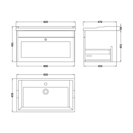 [BFCL196F] Swynnerton Traditional 1 Drawer Wall Hung Vanity Unit with Basin, Satin White, 800mm - Technical Drawing