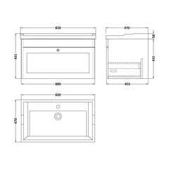 [BFCL196F] Swynnerton Traditional 1 Drawer Wall Hung Vanity Basin Unit with 1 Tap Hole Traditional Ceramic Basin, Choice of Size and Colour - Technical Drawing