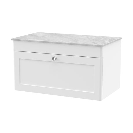 [BFCL196GMT] Swynnerton Traditional 1 Drawer Wall Hung Vanity Unit with Marble Top, Satin White, 800mm - Cutout