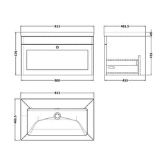 [BFCL196K] Swynnerton Traditional 1 Drawer Wall Hung Vanity Basin Unit with 0 Tap Hole Modern Fireclay Basin, Choice of Size and Colour - Technical Drawing
