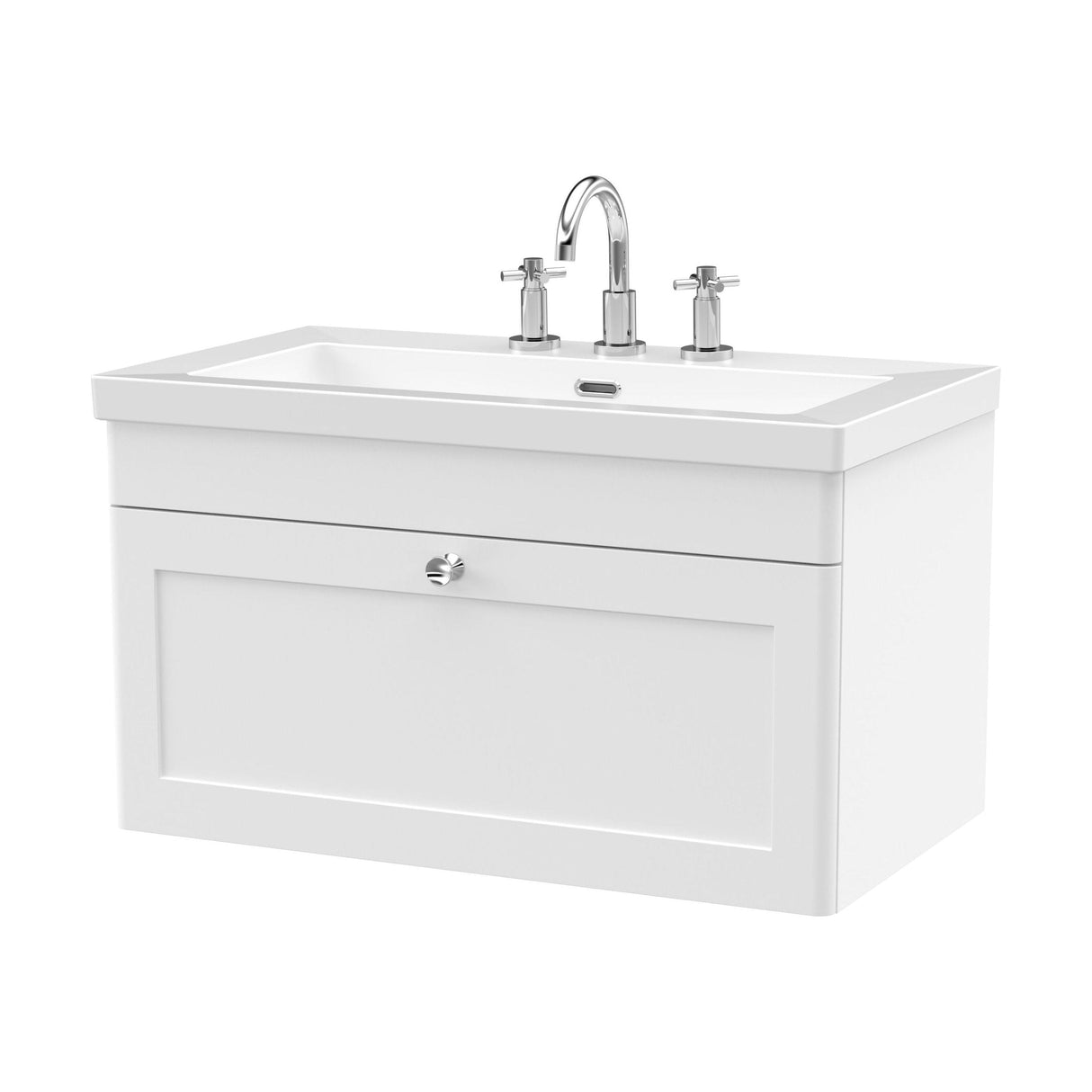 [BFCL196M] Swynnerton Traditional 1 Drawer Wall Hung Vanity Basin Unit with 3 Tap Hole Modern Fireclay Basin, Choice of Size and Colour - Cutout