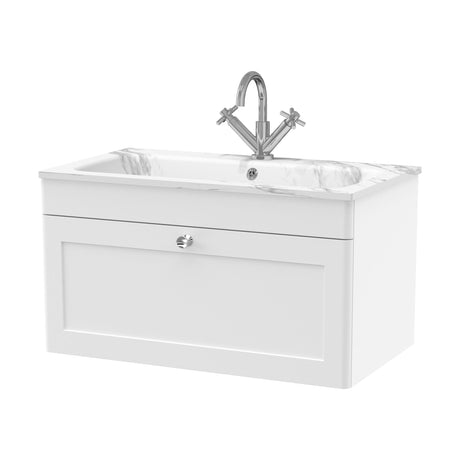 [BFCL196Q] Swynnerton Traditional 1 Drawer Wall Hung Vanity Basin Unit with 1 Tap Hole Marble Effect Stone Basin, Choice of Size and Colour - Cutout