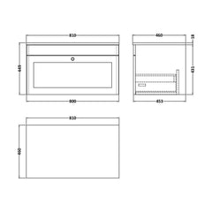 [BFCL196WMT] Swynnerton Traditional 1 Drawer Wall Hung Vanity Unit with White Marble Worktop, Choice of Size and Colour - Technical Drawing