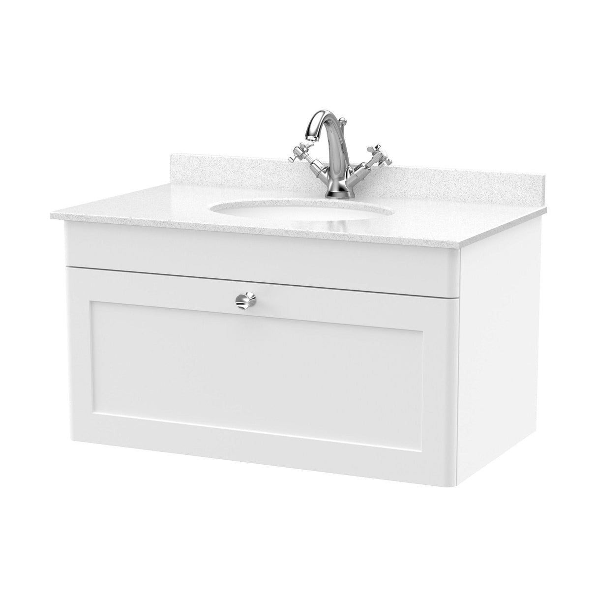 [BFCL196WR1] Swynnerton Traditional 1 Drawer Wall Hung Vanity Basin Unit with 1 Tap Hole White Marble Worktop and Basin, Choice of Size and Colour - Cutout
