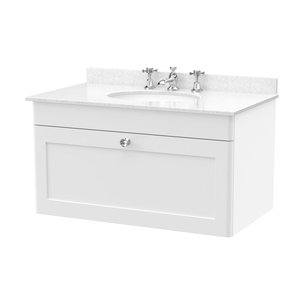 [BFCL196WR3] Swynnerton Traditional 1 Drawer Wall Hung Vanity Basin Unit with 3 Tap Hole White Marble Worktop and Basin, Choice of Size and Colour - Cutout