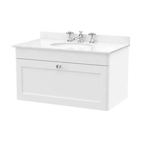 [BFCL196WR3] Swynnerton Traditional 1 Drawer Wall Hung Vanity Basin Unit with 3 Tap Hole White Marble Worktop and Basin, Choice of Size and Colour - Cutout