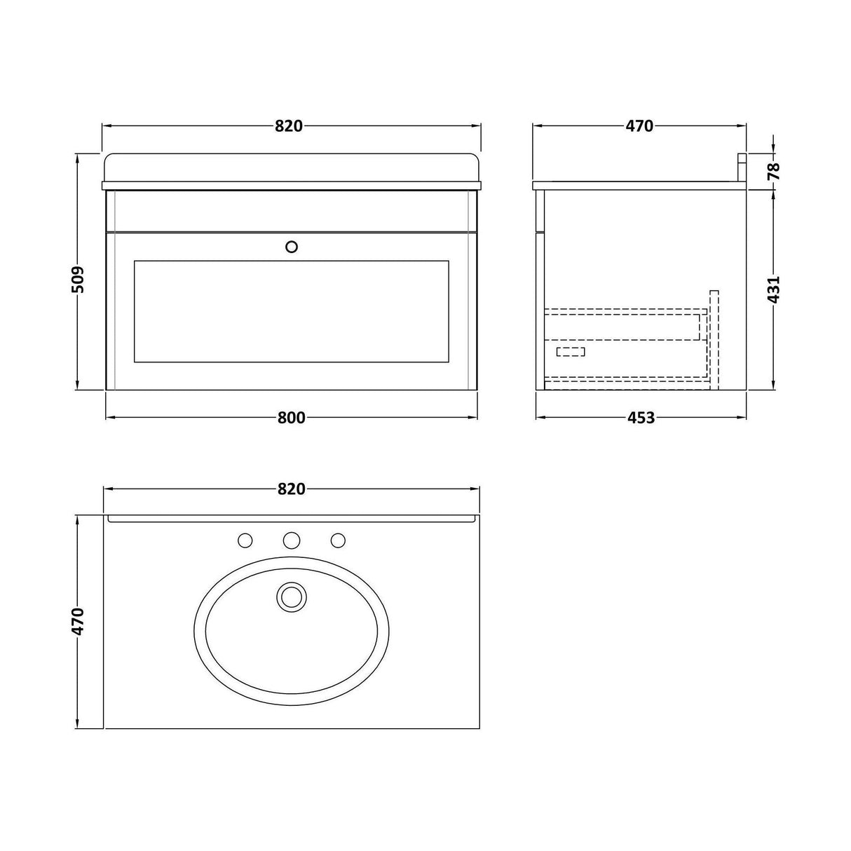 [BFCL196WR3] Swynnerton Traditional 1 Drawer Wall Hung Vanity Basin Unit with 3 Tap Hole White Marble Worktop and Basin, Choice of Size and Colour - Technical Drawing