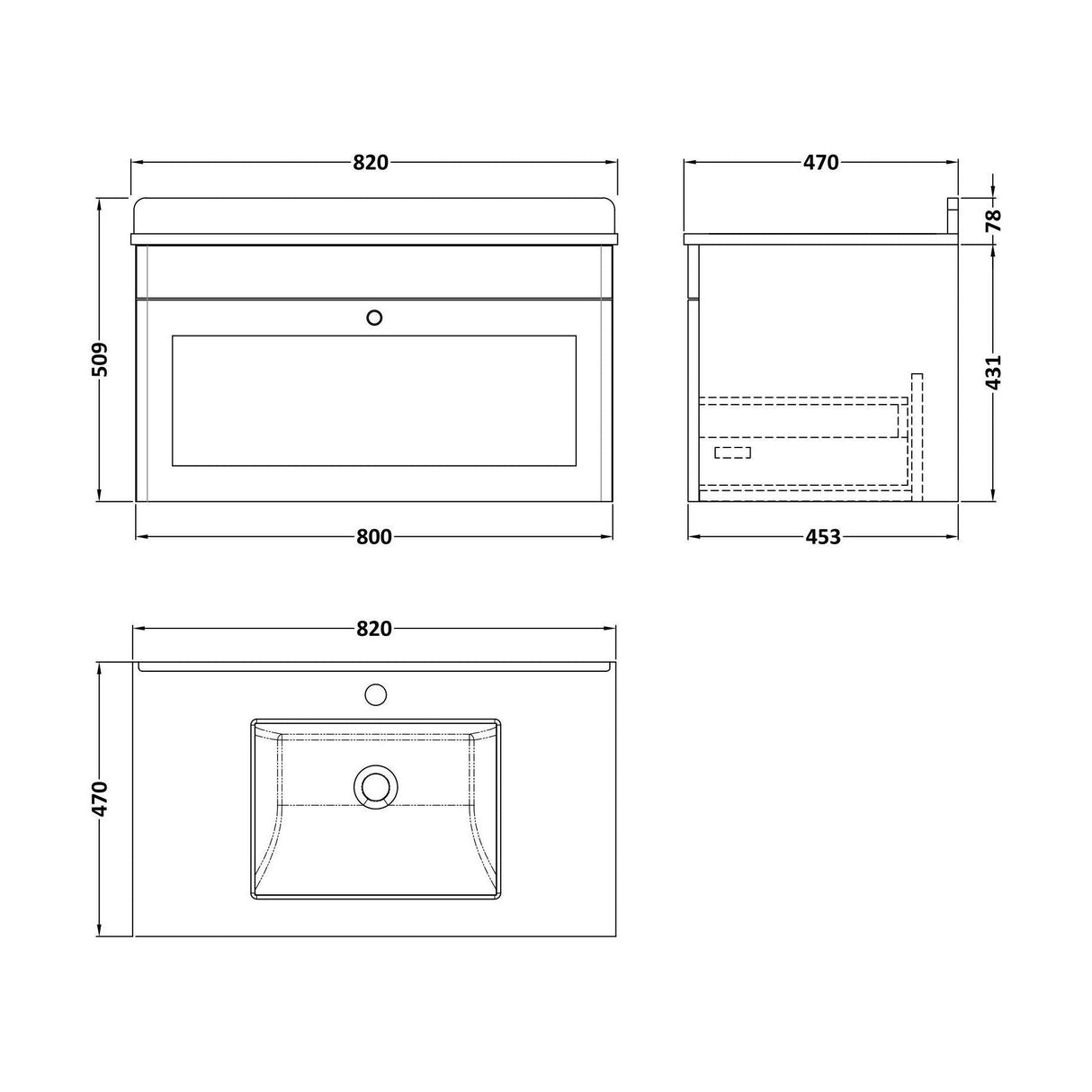 [BFCL196WS1] Swynnerton Traditional 1 Drawer Wall Hung Vanity Basin Unit with 1 Tap Hole White Marble Worktop and Square Basin, Choice of Size and Colour - Technical Drawing