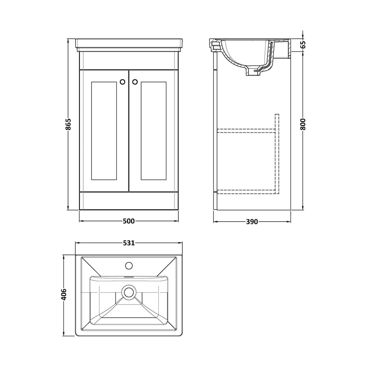 [BFCL223A] Swynnerton Traditional Floor Standing Vanity Basin Unit with 1 Tap Hole Ceramic Basin - Choice of Size and Finish - Technical Drawing