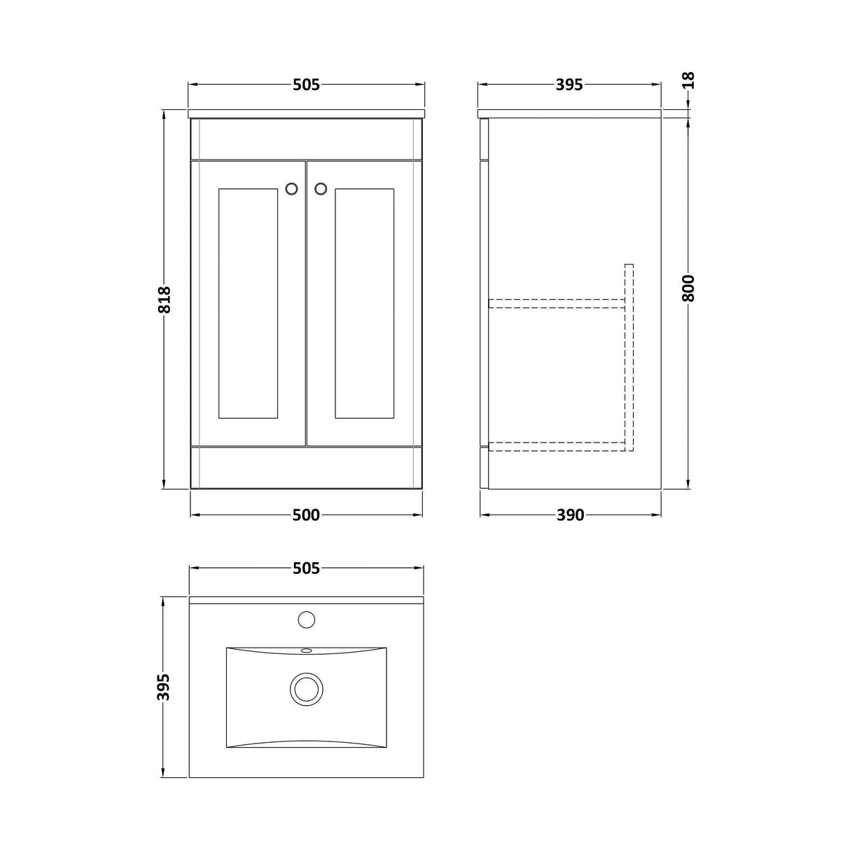 [BFCL223C] Swynnerton Traditional 2 Door Floor Standing Vanity Basin Unit with 1 Tap Hole Minimalist Ceramic Basin, Choice of Size and Colour - Technical Drawing
