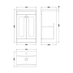 [BFCL223D] Swynnerton Traditional 2 Door Floor Standing Vanity Unit with Mid-Edge Basin - Choice of Colour - Technical Drawing