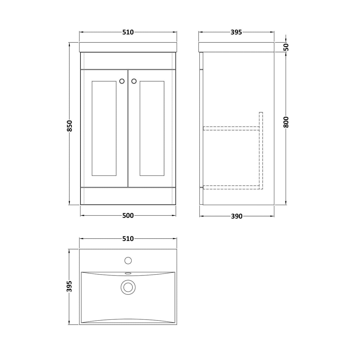 [BFCL223E] Swynnerton Traditional 2 Door Floor Standing Vanity Unit with Thin Edge Basin, Choice of Size and Colour - Technical Drawing