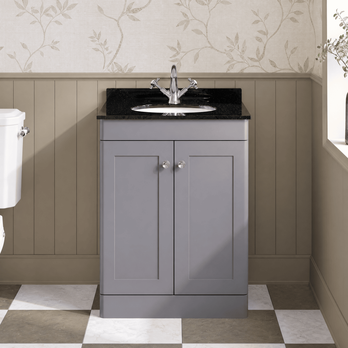 [BFCL225BR1] Swynnerton Traditional 2 Door Floor Standing Vanity Unit with Black Marble Worktop and 1 Tap Hole Basin, Choice of Size and Colour