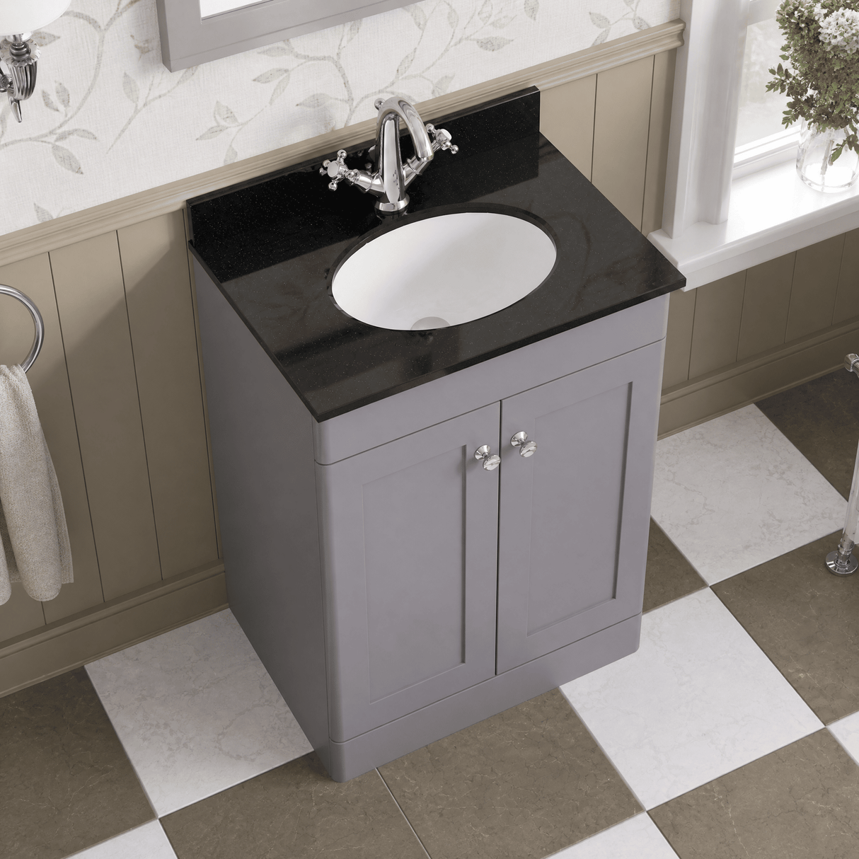 [BFCL225BR1] Swynnerton Traditional 2 Door Floor Standing Vanity Unit with Black Marble Worktop and 1 Tap Hole Basin, Choice of Size and Colour