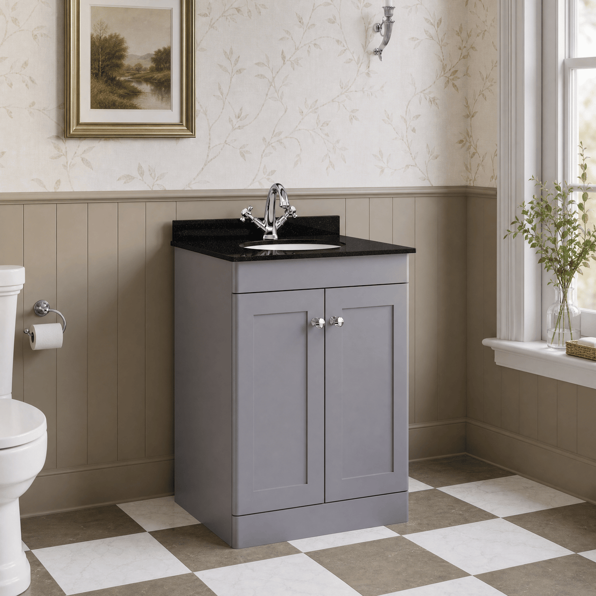 [BFCL225BR1] Swynnerton Traditional 2 Door Floor Standing Vanity Unit with Black Marble Worktop and 1 Tap Hole Basin, Choice of Size and Colour
