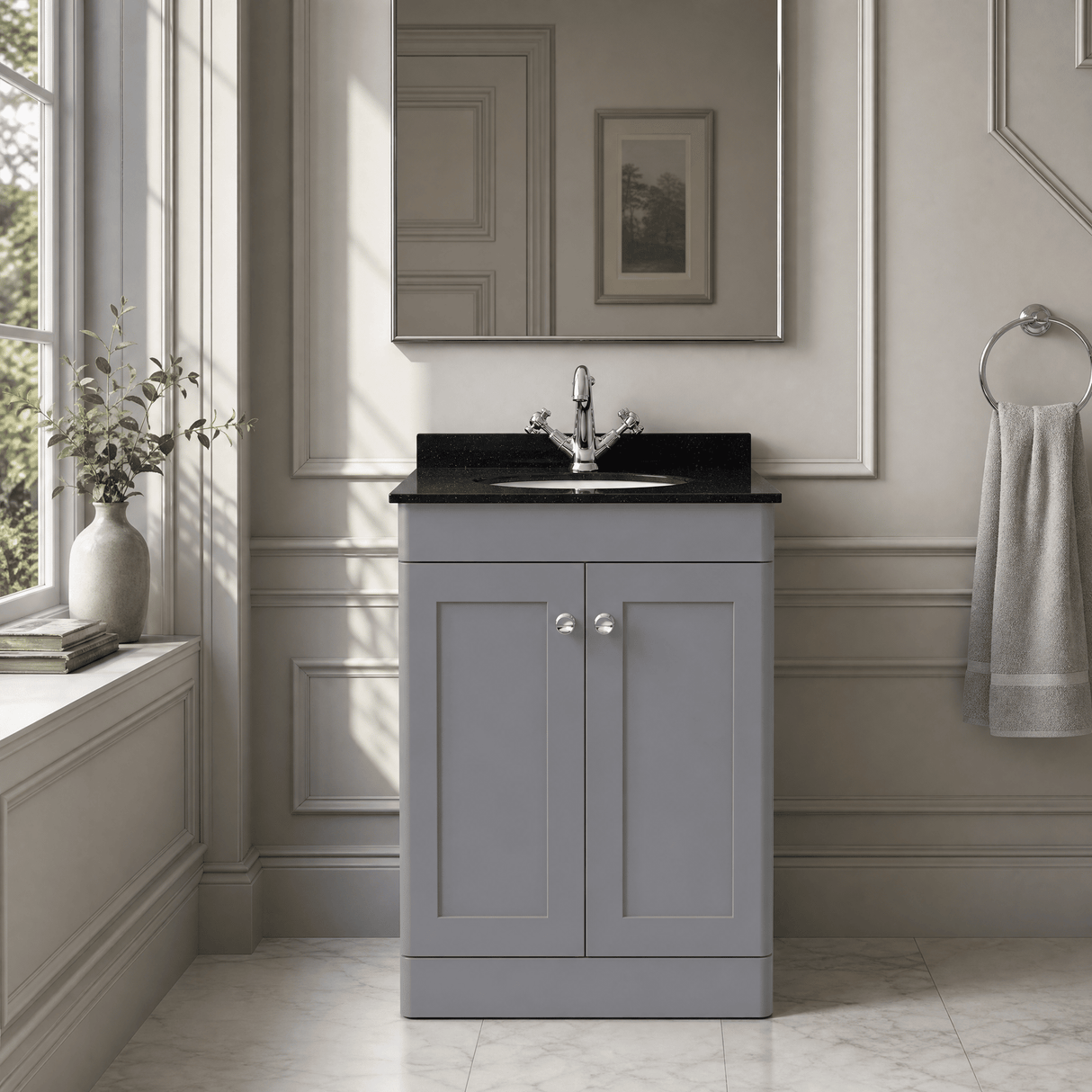 [BFCL225BR1] Swynnerton Traditional 2 Door Floor Standing Vanity Unit with Black Marble Worktop and 1 Tap Hole Basin, Choice of Size and Colour - Silo