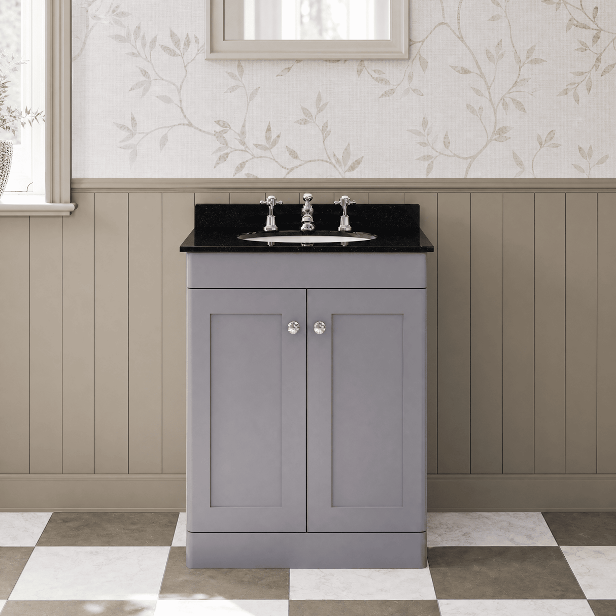 [BFCL225BR3] Swynnerton Traditional 2 Door Floor Standing Vanity Unit with Black Marble Worktop and 3 Tap Hole Basin, Choice of Size and Colour