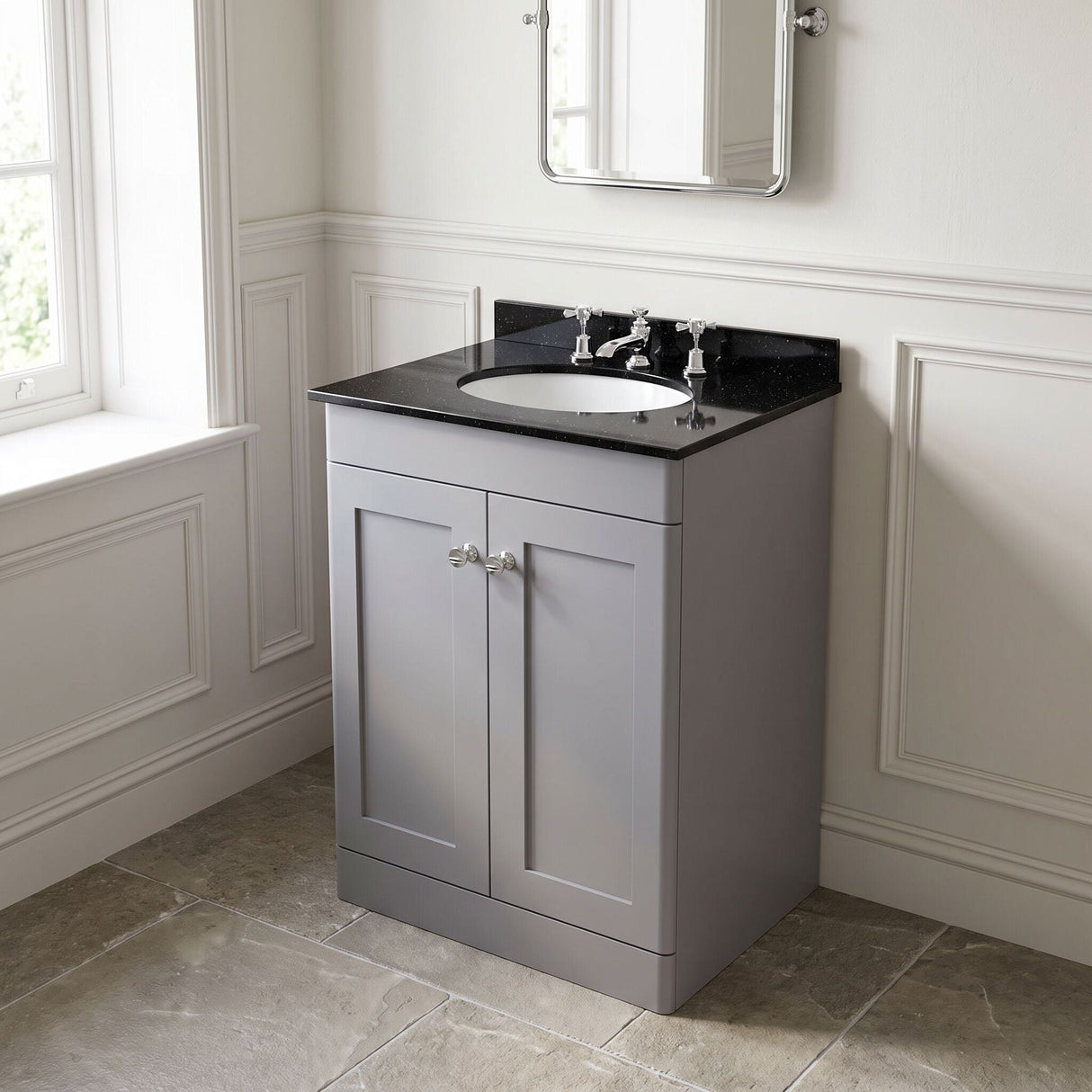 [BFCL225BR3] Swynnerton Traditional 2 Door Floor Standing Vanity Unit with Black Marble Worktop and 3 Tap Hole Basin, Choice of Size and Colour