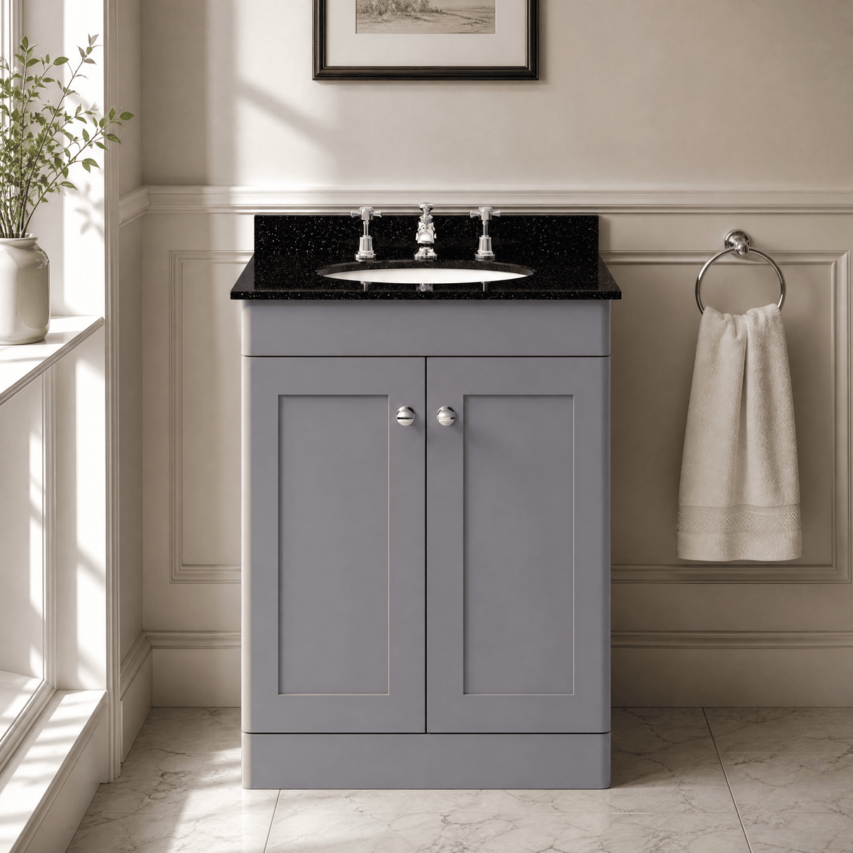 [BFCL225BR3] Swynnerton Traditional 2 Door Floor Standing Vanity Unit with Black Marble Worktop and 3 Tap Hole Basin, Choice of Size and Colour - Silo