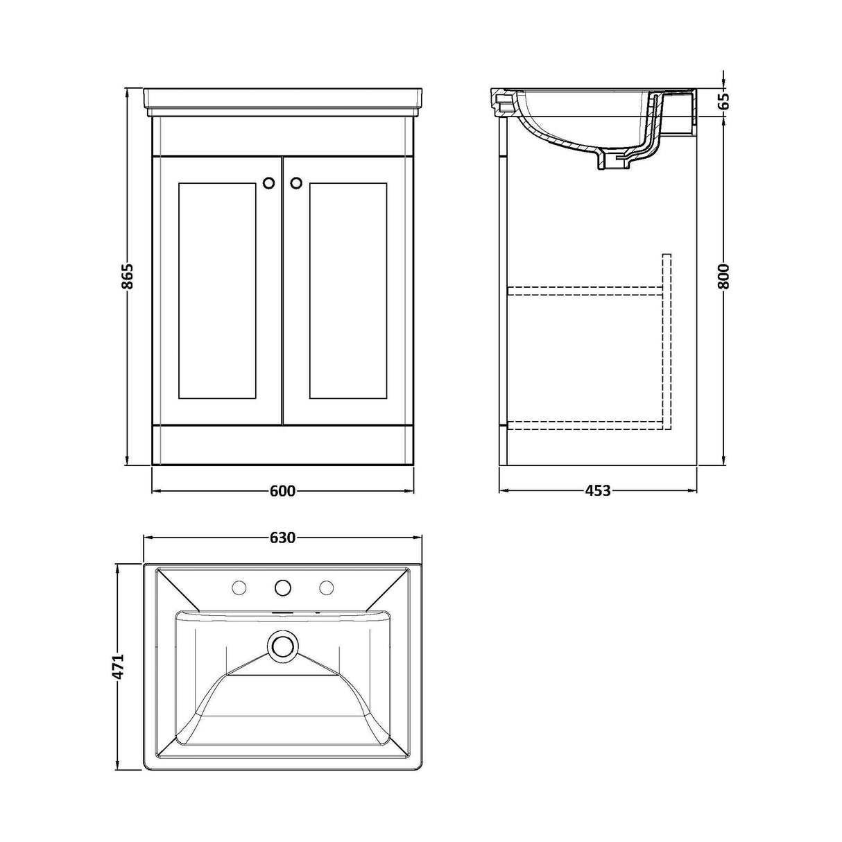 [BFCL225B] Swynnerton Traditional 2 Door Floor Standing Vanity Basin Unit with 3 Tap Hole Traditional Fireclay Basin, Choice of Size and Colour - Technical Drawing