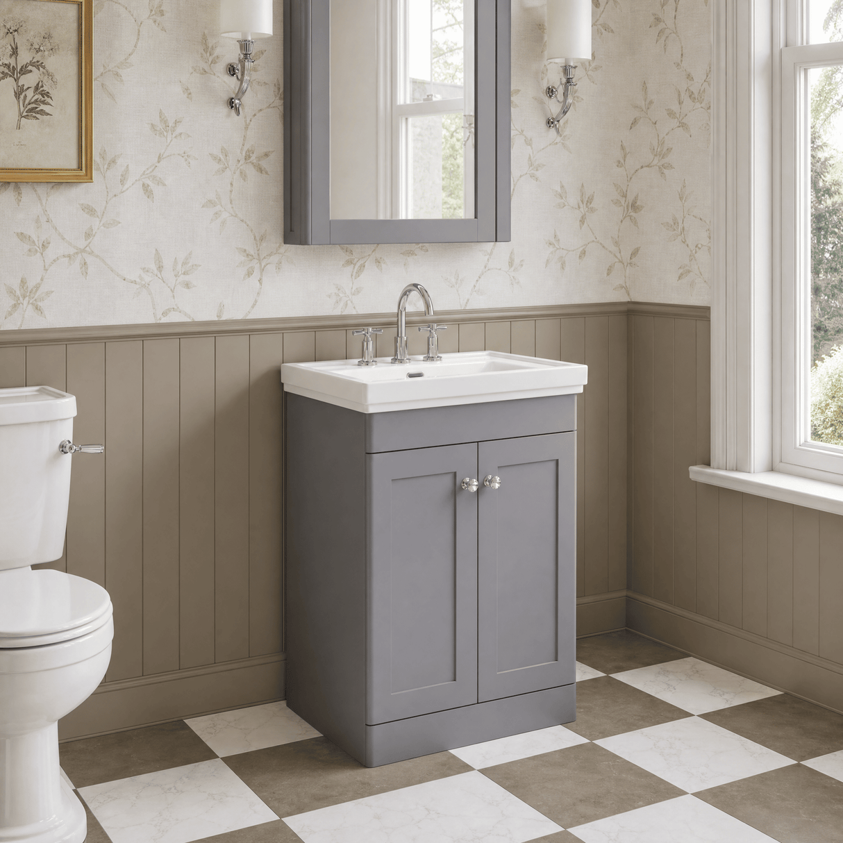 [BFCL225B] Swynnerton Traditional 2 Door Floor Standing Vanity Basin Unit with 3 Tap Hole Traditional Fireclay Basin, Choice of Size and Colour