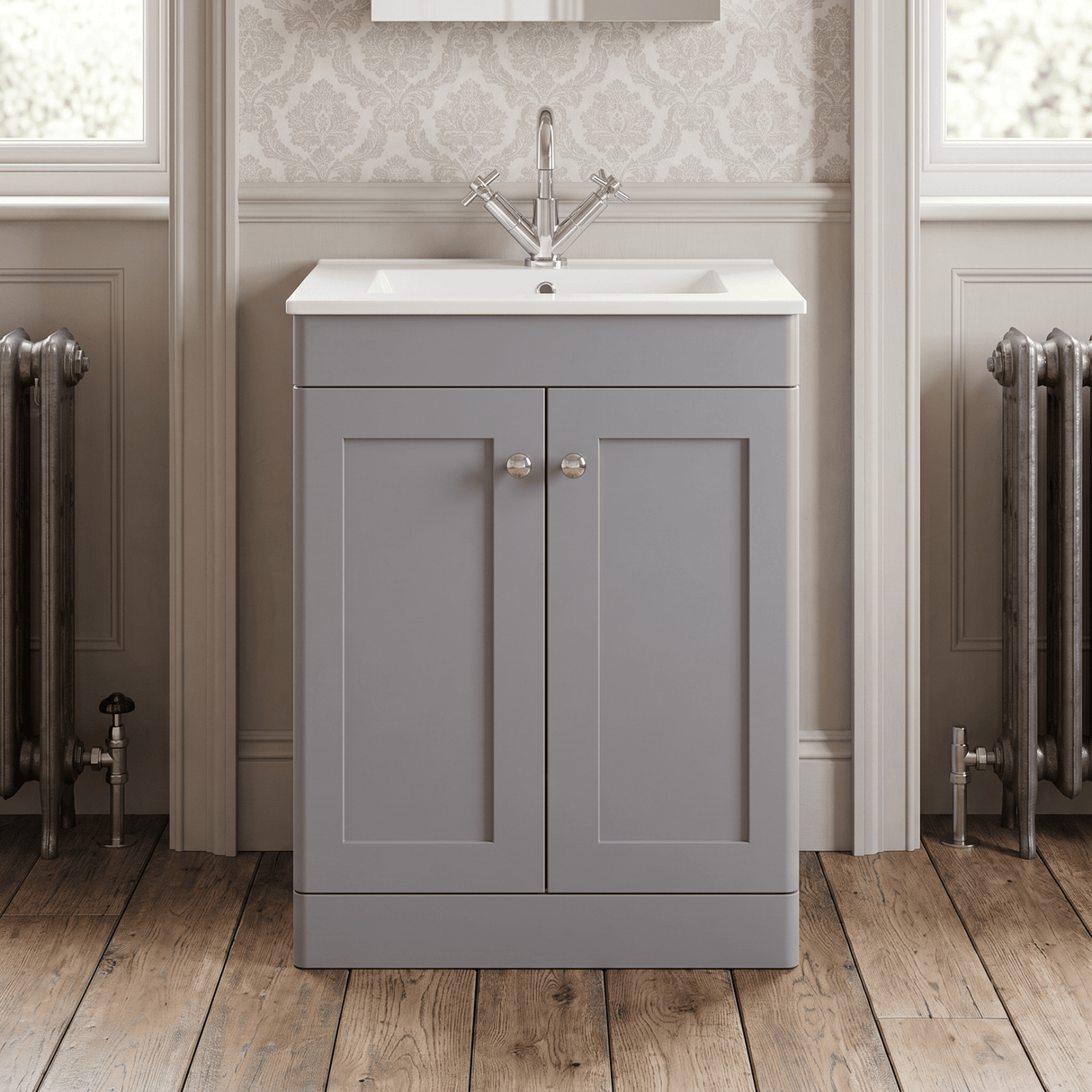 [BFCL225C] Swynnerton Traditional 2 Door Floor Standing Vanity Basin Unit with 1 Tap Hole Minimalist Ceramic Basin, Choice of Size and Colour