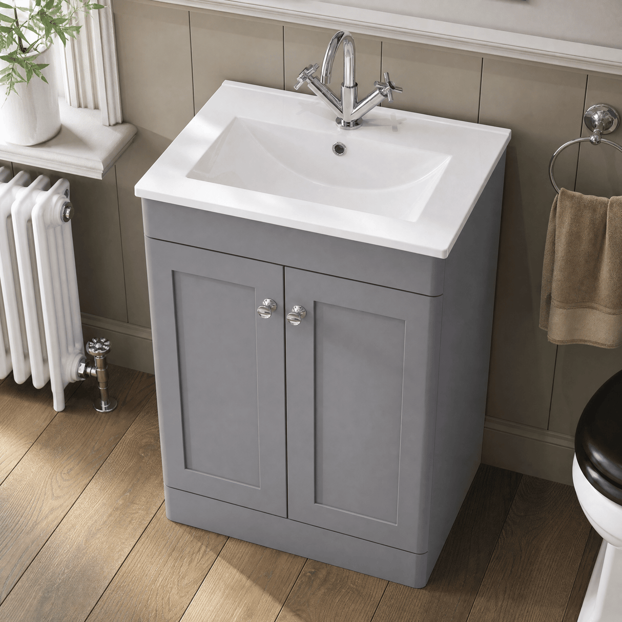 [BFCL225C] Swynnerton Traditional 2 Door Floor Standing Vanity Basin Unit with 1 Tap Hole Minimalist Ceramic Basin, Choice of Size and Colour