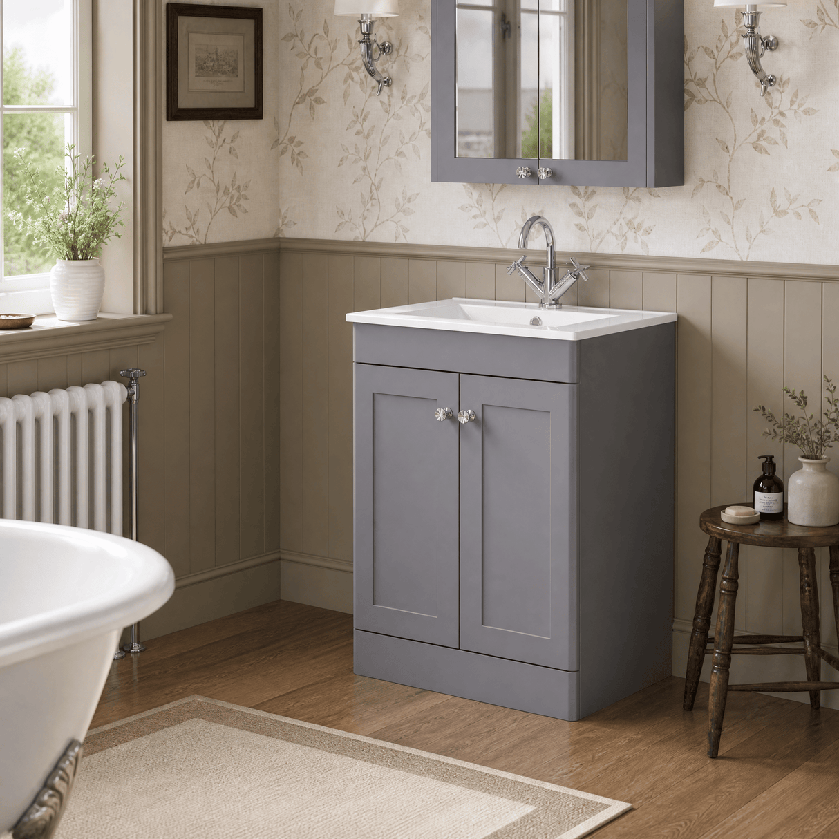 [BFCL225C] Swynnerton Traditional 2 Door Floor Standing Vanity Basin Unit with 1 Tap Hole Minimalist Ceramic Basin, Choice of Size and Colour