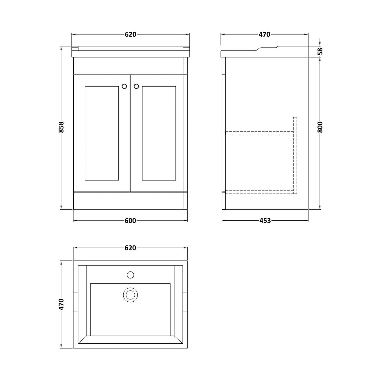 [BFCL225F] Swynnerton Traditional 2 Door Floor Standing Vanity Basin Unit with 1 Tap Hole Traditional Ceramic Basin, Choice of Size and Colour - Technical Drawing