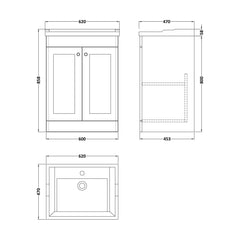 [BFCL225F] Swynnerton Traditional 2 Door Floor Standing Vanity Basin Unit with 1 Tap Hole Traditional Ceramic Basin, Choice of Size and Colour - Technical Drawing