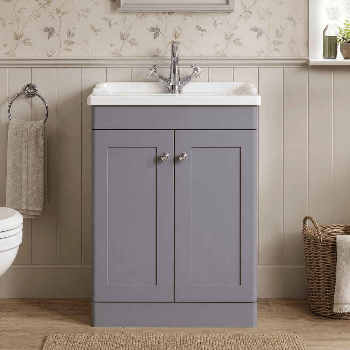 [BFCL225F] Swynnerton Traditional 2 Door Floor Standing Vanity Basin Unit with 1 Tap Hole Traditional Ceramic Basin, Choice of Size and Colour