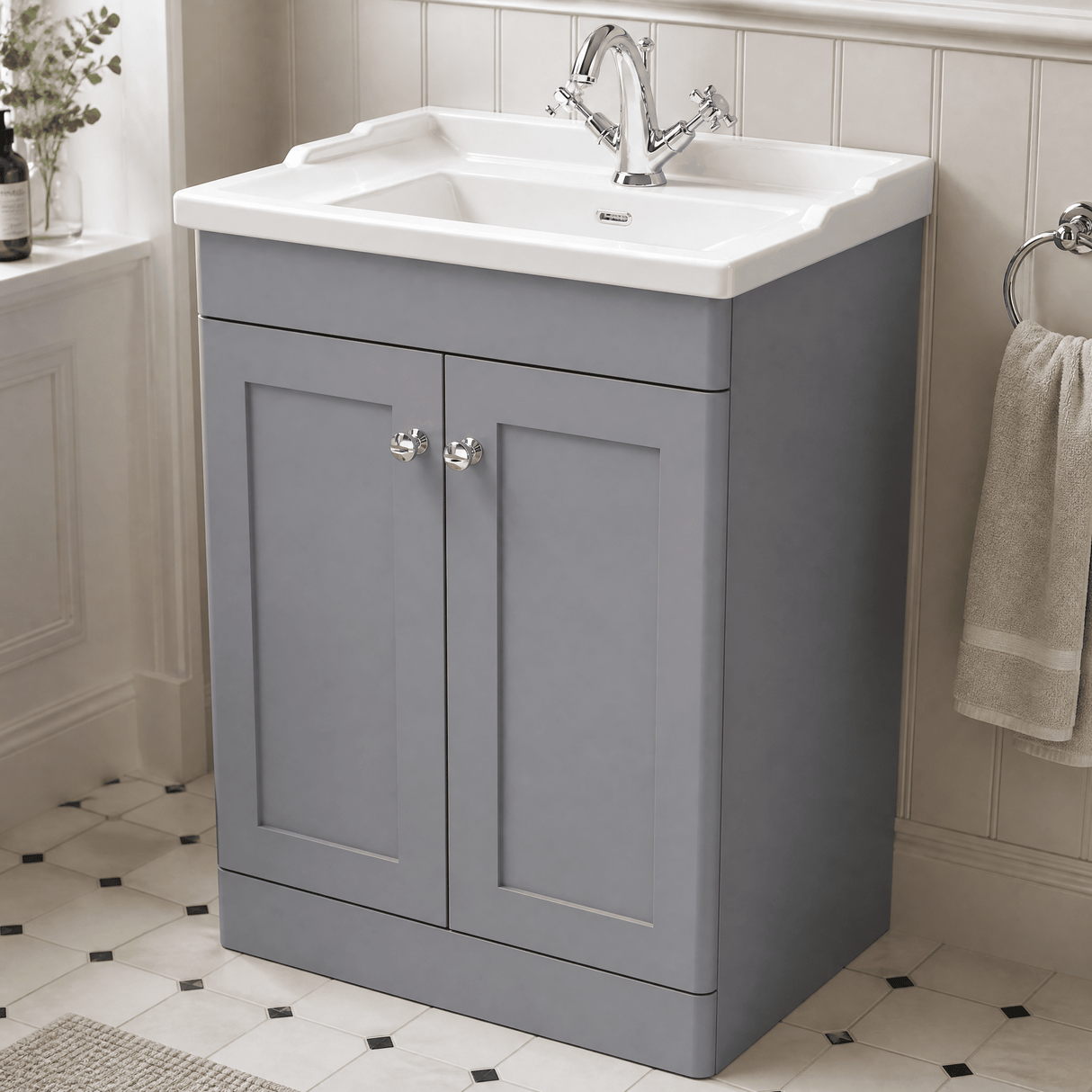 [BFCL225F] Swynnerton Traditional 2 Door Floor Standing Vanity Basin Unit with 1 Tap Hole Traditional Ceramic Basin, Choice of Size and Colour