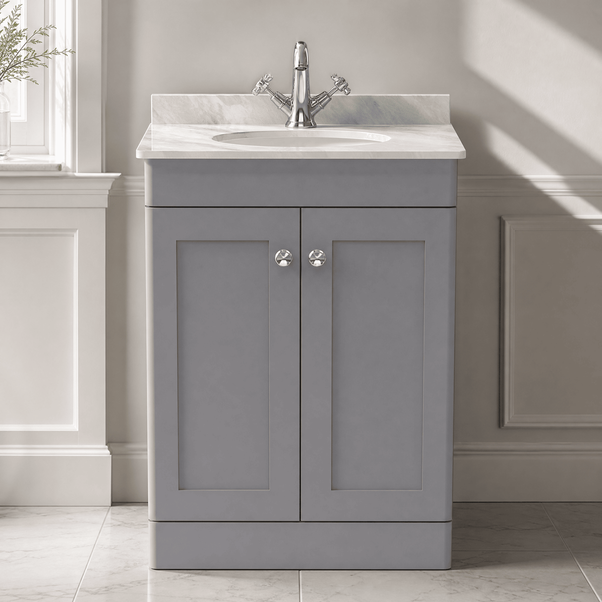 [BFCL225GR1] Swynnerton Traditional 2 Door Floor Standing Vanity Unit with Grey Marble Worktop and 1 Tap Hole Basin, Choice of Size and Colour
