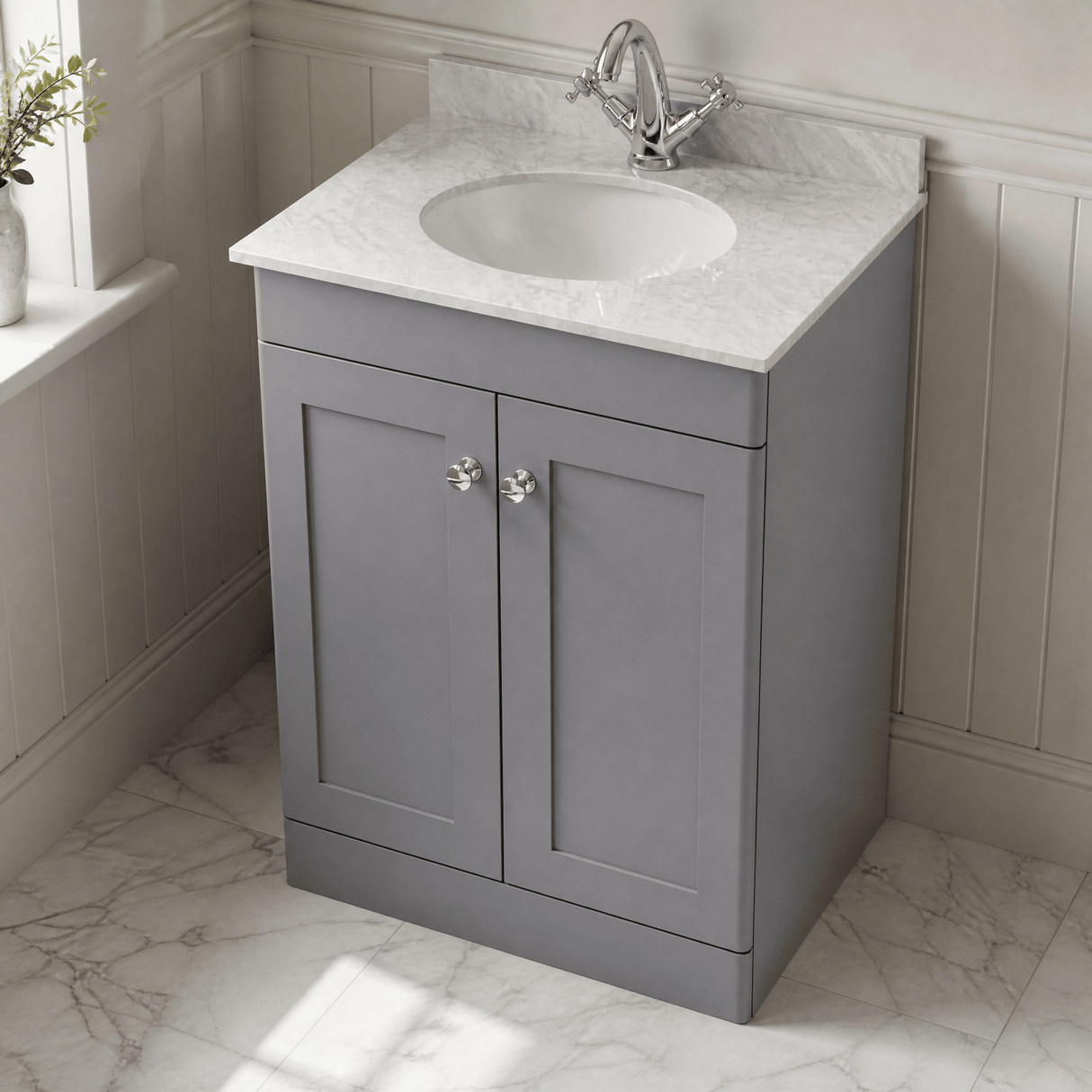 [BFCL225GR1] Swynnerton Traditional 2 Door Floor Standing Vanity Unit with Grey Marble Worktop and 1 Tap Hole Basin, Choice of Size and Colour