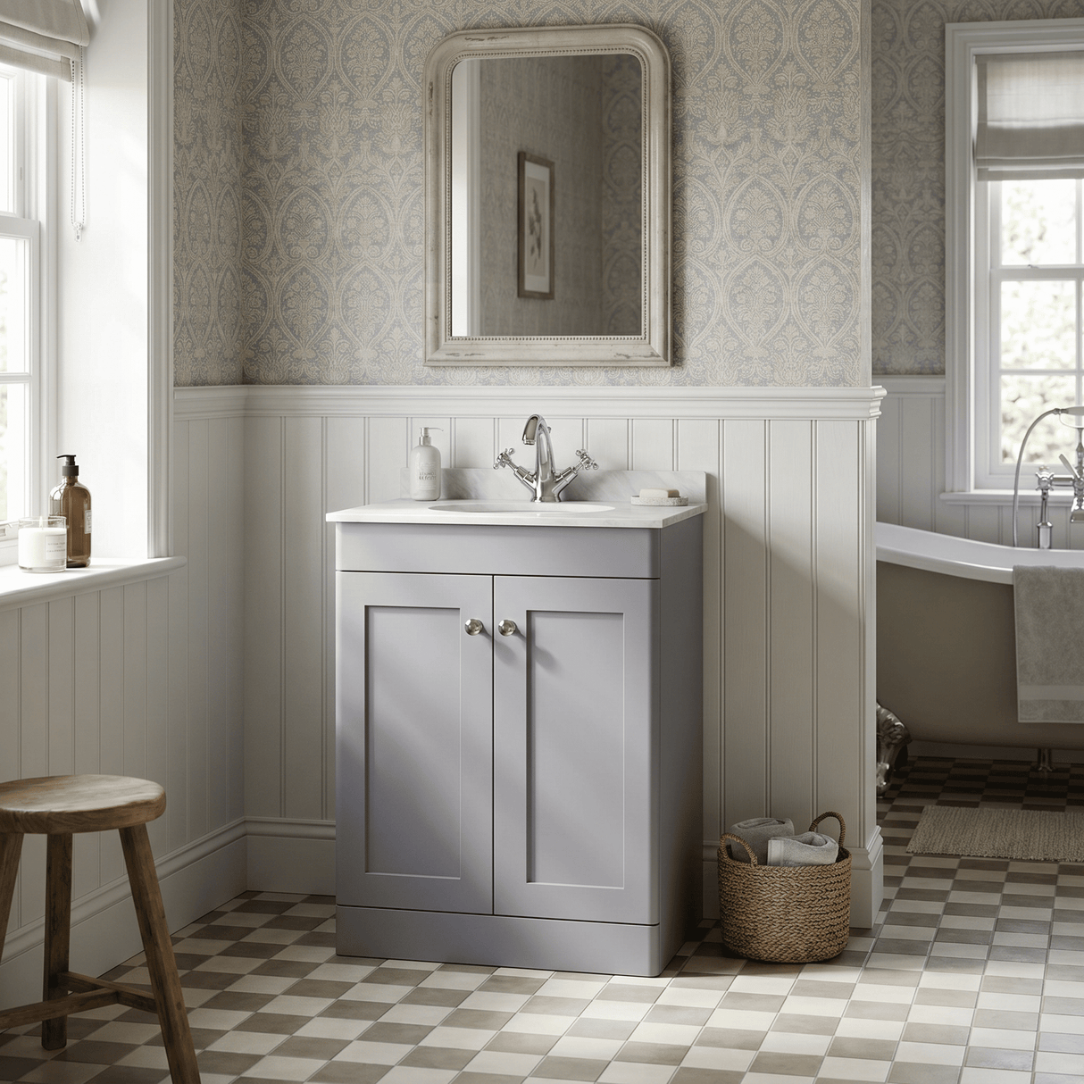 [BFCL225GR1] Swynnerton Traditional 2 Door Floor Standing Vanity Unit with Grey Marble Worktop and 1 Tap Hole Basin, Choice of Size and Colour