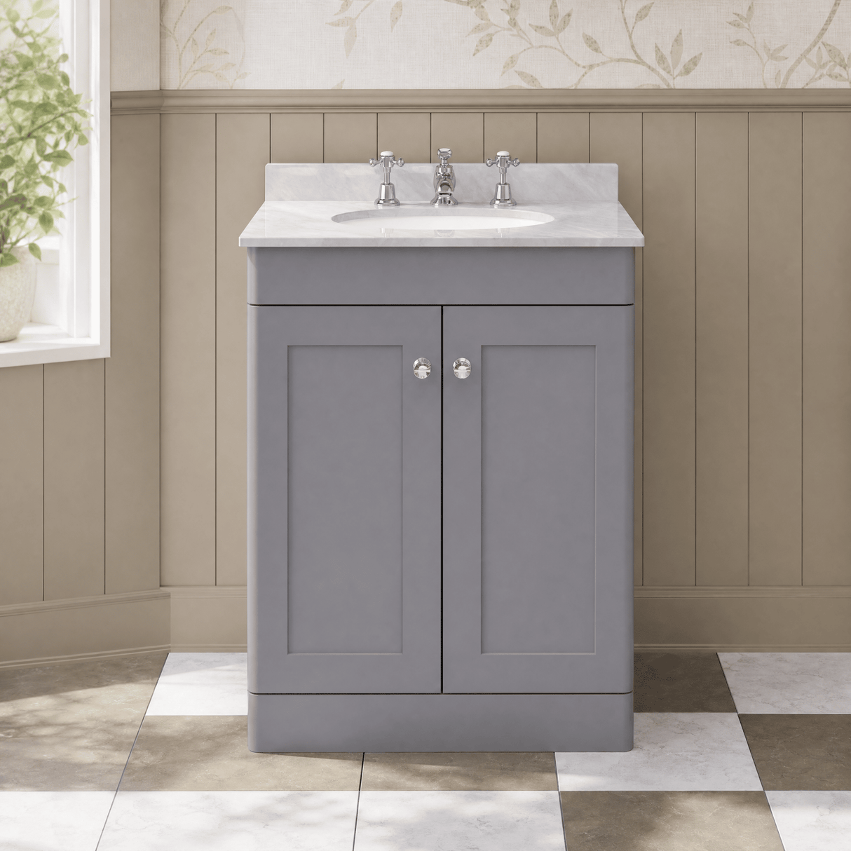 [BFCL225GR3] Swynnerton Traditional 2 Door Floor Standing Vanity Basin Unit with 3 Tap Hole Grey Marble Top Basin, Choice of Size and Colour