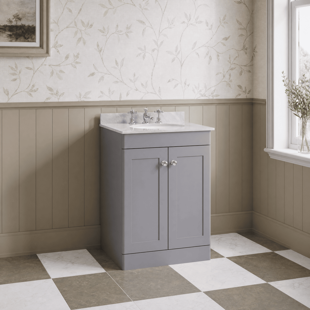 [BFCL225GR3] Swynnerton Traditional 2 Door Floor Standing Vanity Basin Unit with 3 Tap Hole Grey Marble Top Basin, Choice of Size and Colour