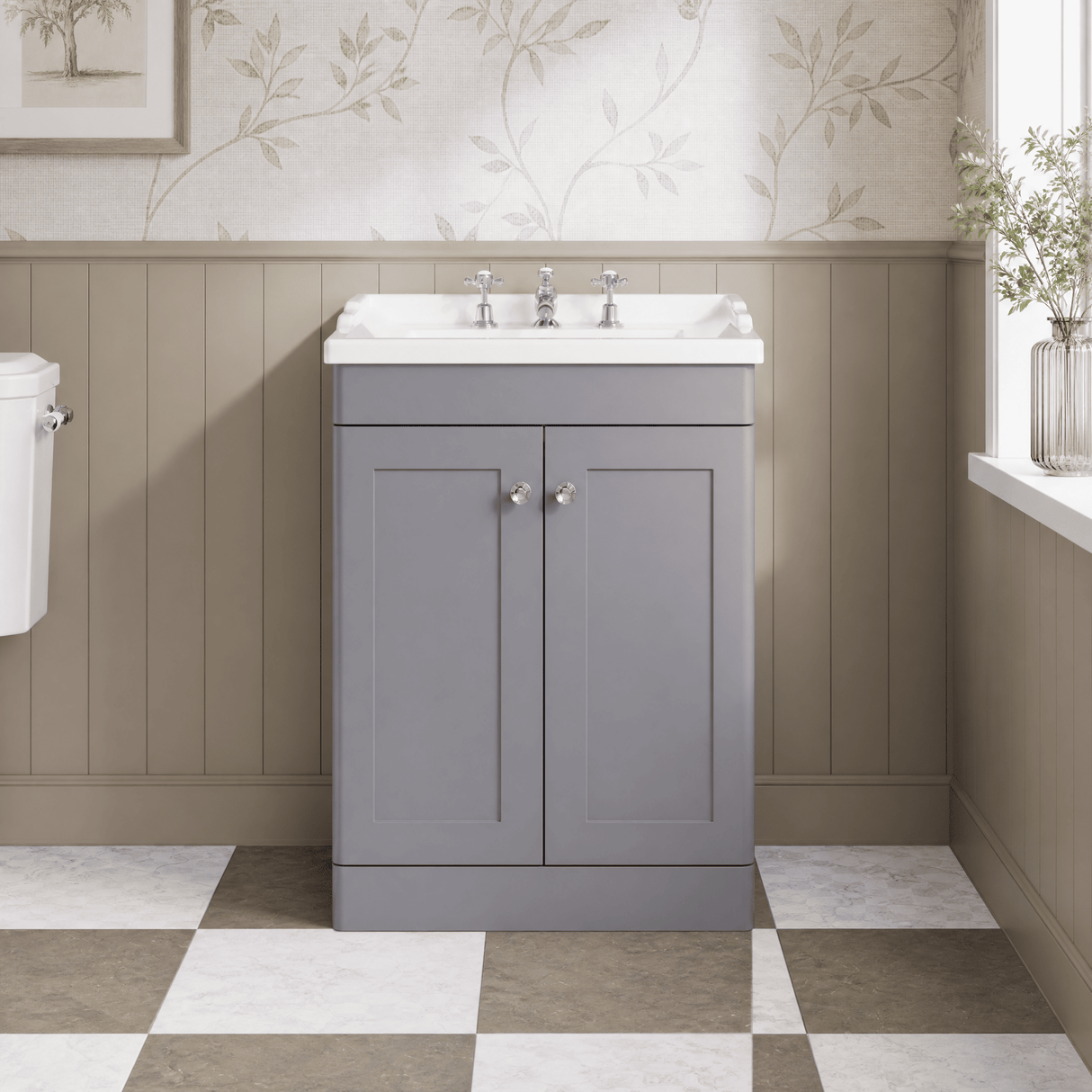 [BFCL225G] Swynnerton Traditional 2 Door Floor Standing Vanity Basin Unit with 3 Tap Hole Traditional Ceramic Basin, Choice of Size and Colour