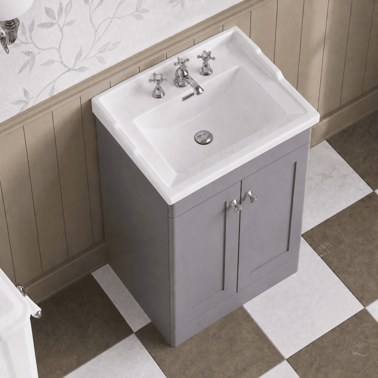 [BFCL225G] Swynnerton Traditional 2 Door Floor Standing Vanity Basin Unit with 3 Tap Hole Traditional Ceramic Basin, Choice of Size and Colour