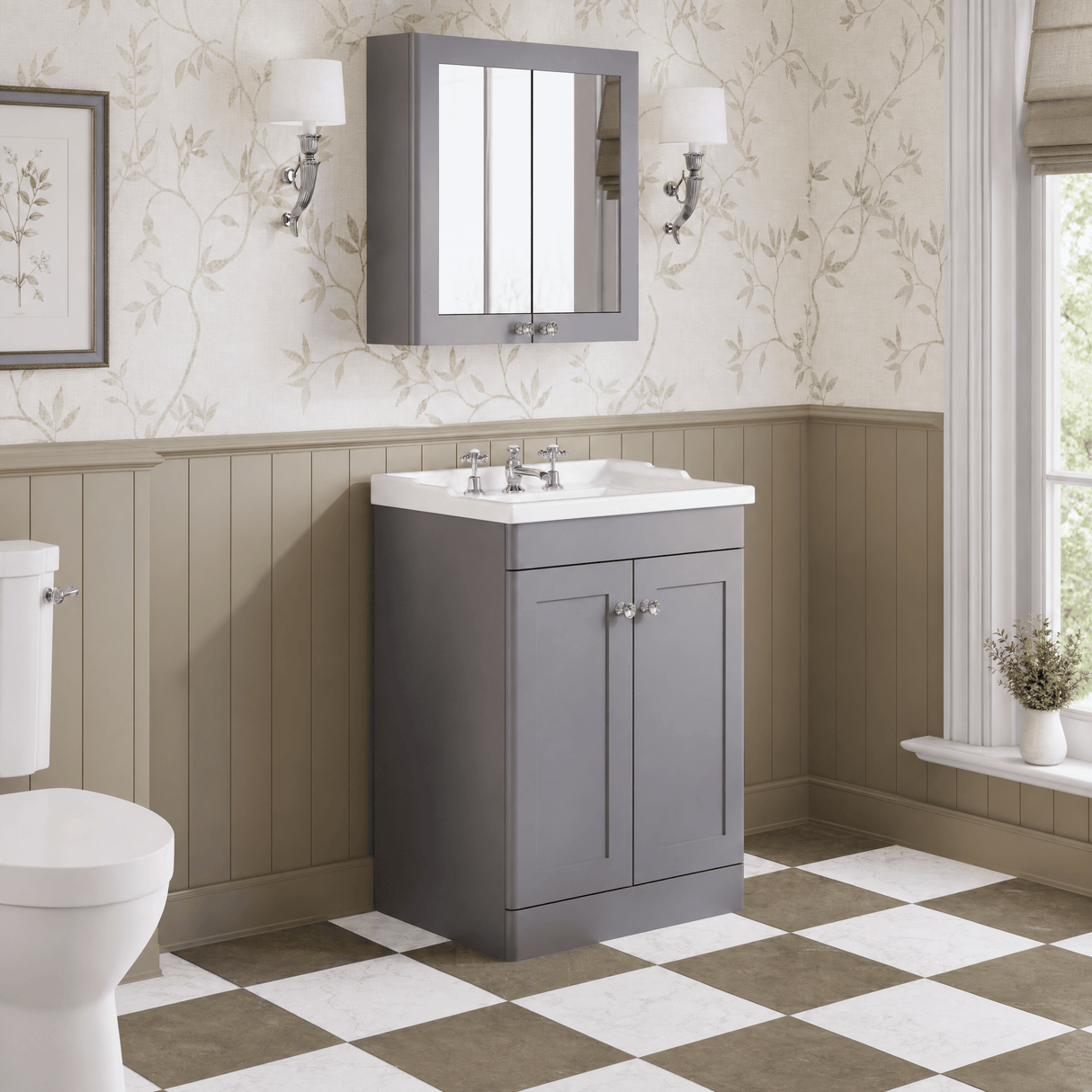 [BFCL225G] Swynnerton Traditional 2 Door Floor Standing Vanity Basin Unit with 3 Tap Hole Traditional Ceramic Basin, Choice of Size and Colour