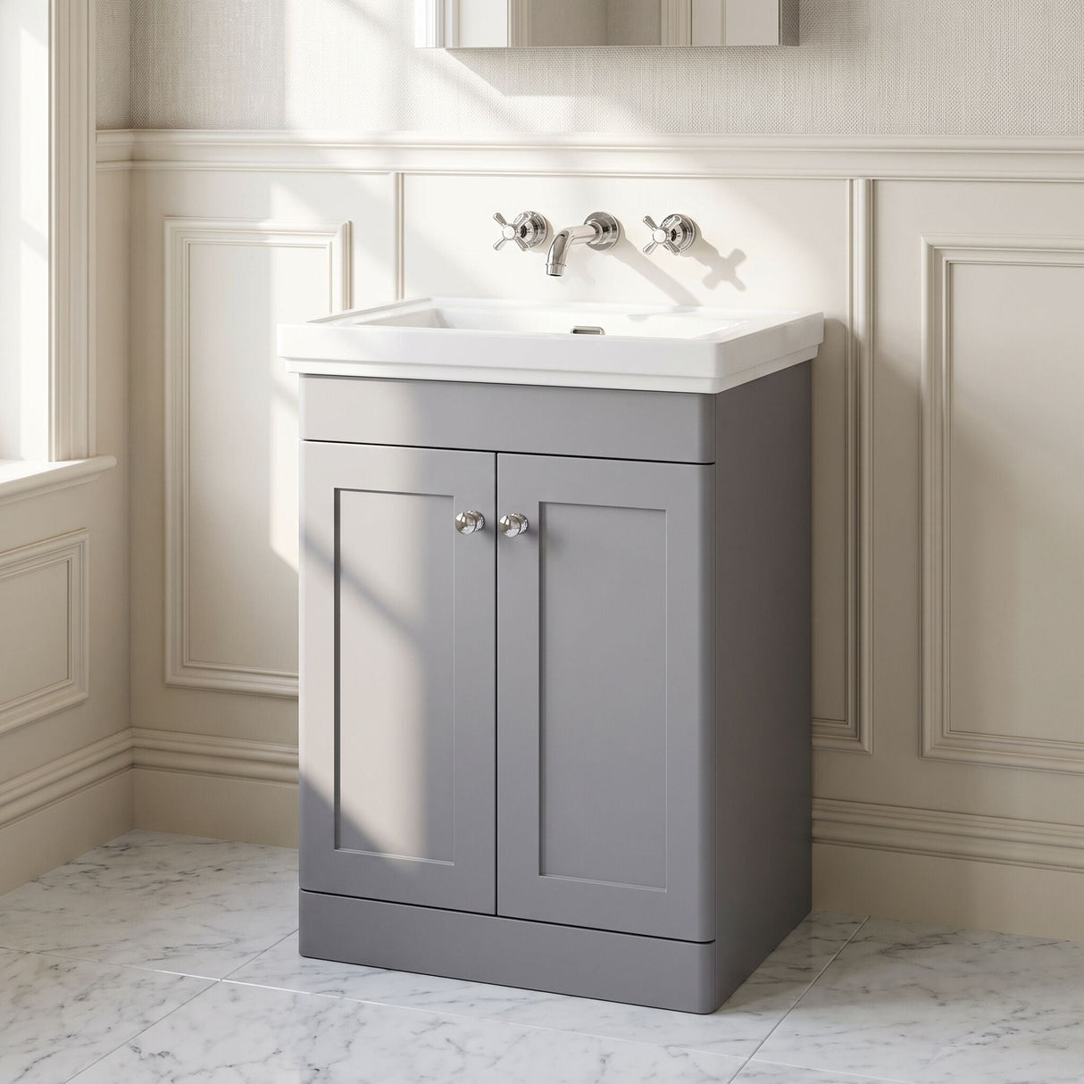 [BFCL225H] Swynnerton Traditional 2 Door Floor Standing Vanity Unit with 0 Tap Hole Traditional Fireclay Basin, Choice of Size and Colour - Silo