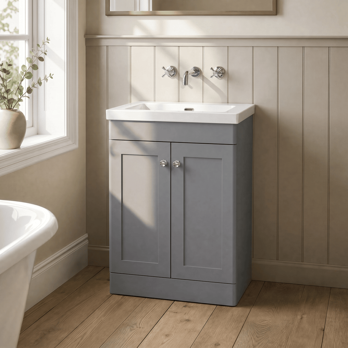 [BFCL225K] Swynnerton Traditional 2 Door Floor Standing Vanity Basin Unit with 0 Tap Hole Modern Fireclay Basin, Choice of Size and Colour - Silo