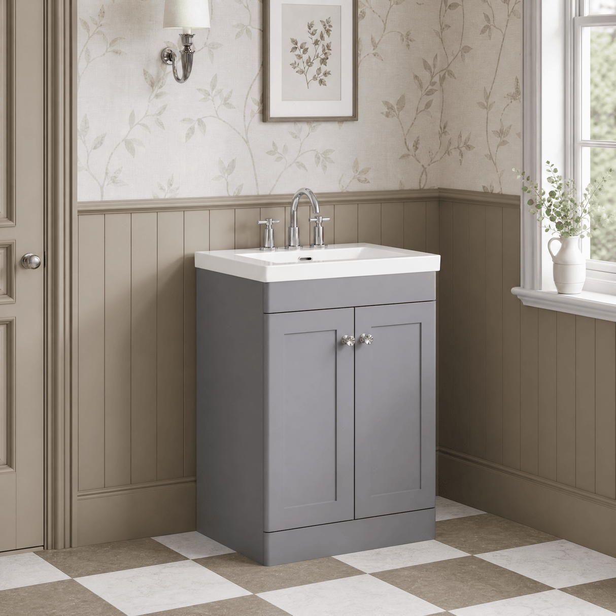 [BFCL225M] Swynnerton Traditional 2 Door Floor Standing Vanity Basin Unit with 3 Tap Hole Modern Fireclay Basin, Choice of Size and Colour
