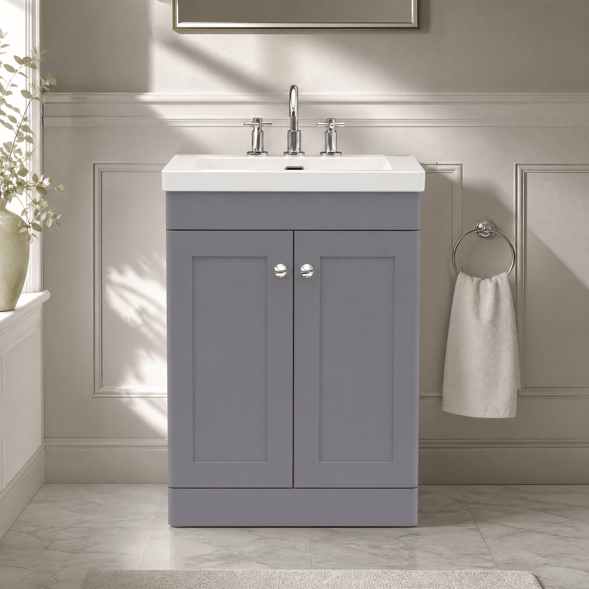 [BFCL225M] Swynnerton Traditional 2 Door Floor Standing Vanity Basin Unit with 3 Tap Hole Modern Fireclay Basin, Choice of Size and Colour - Silo