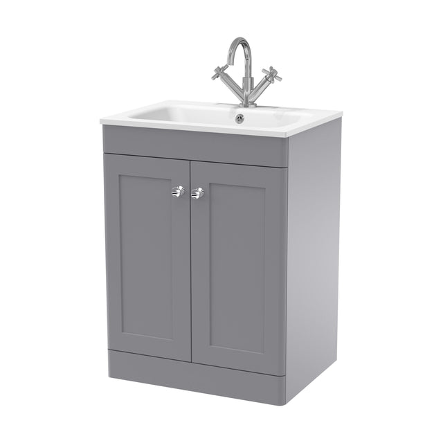 [BFCL225P] Swynnerton Traditional 2 Door Floor Standing Vanity Unit with Stone Basin, Satin Grey, 600mm - Cutout