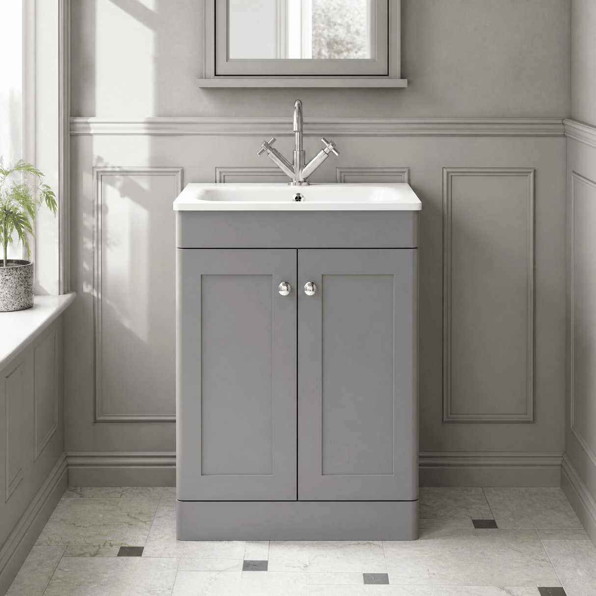 [BFCL225P] Swynnerton Traditional 2 Door Floor Standing Vanity Basin Unit with 1 Tap Hole Stone Basin, Choice of Size and Colour